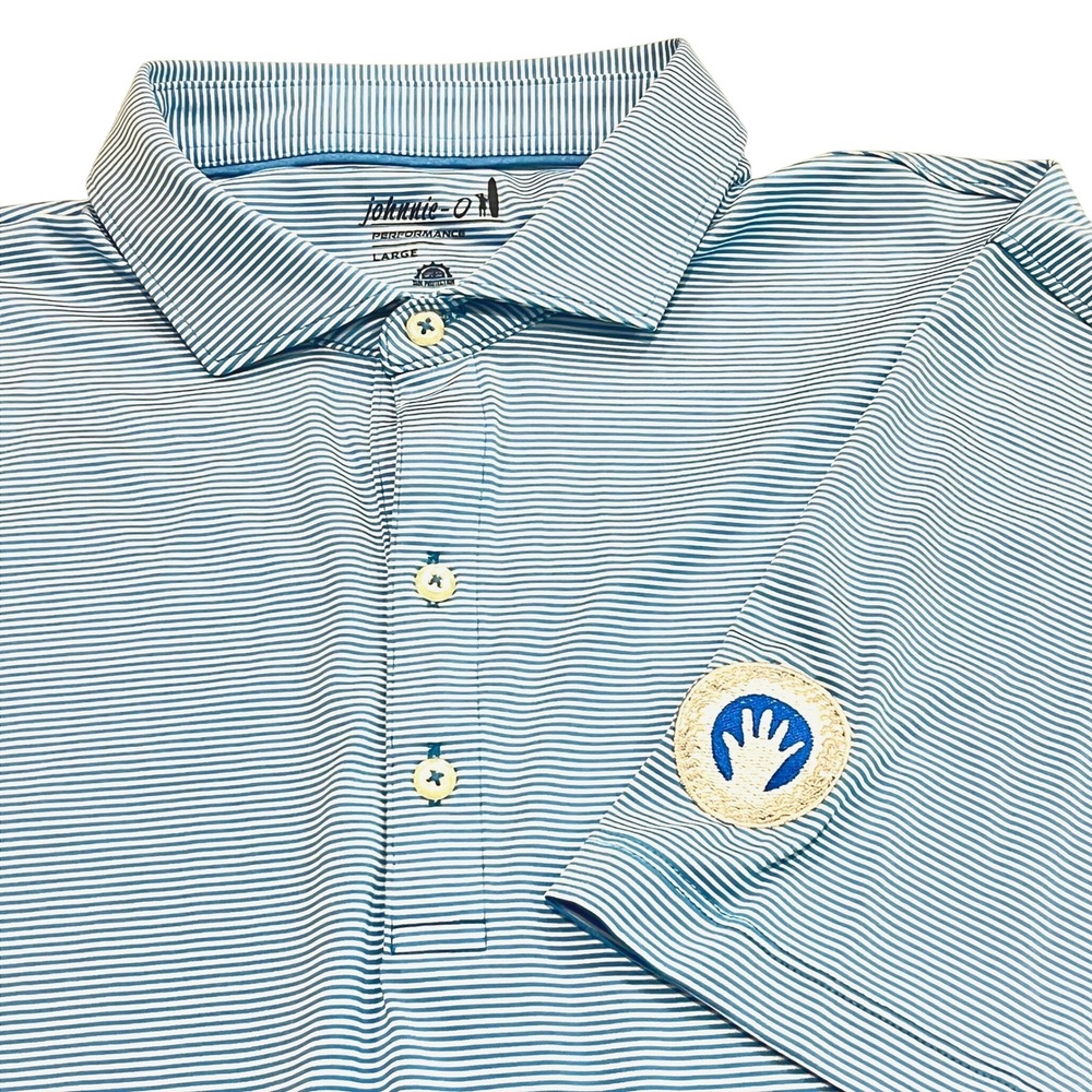 Johnnie-O Performance Polo Mens Large Blue White Striped Embroidered Logo